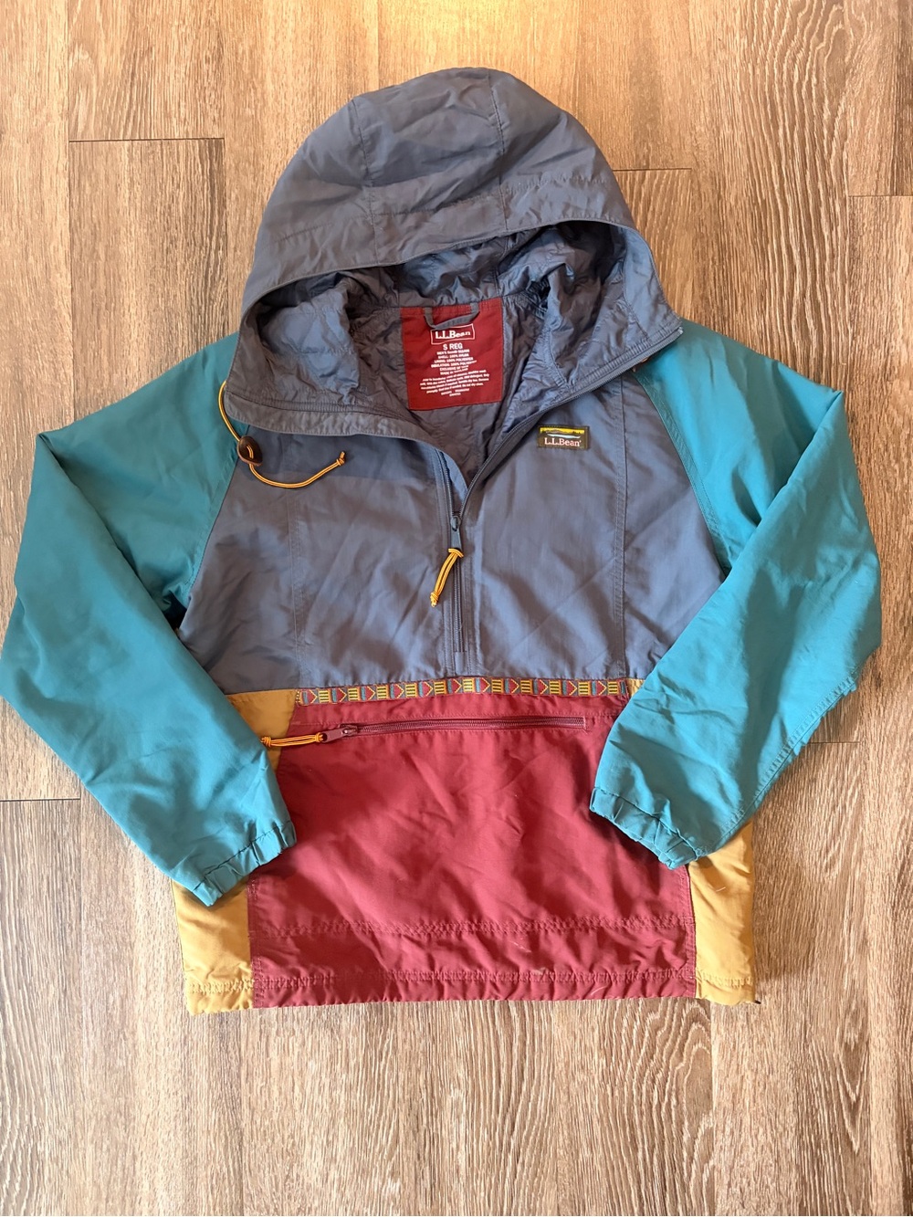 L.L. Bean Kids Colorblock Hooded Rain Pullover - Teal/Gray/Red/Gold